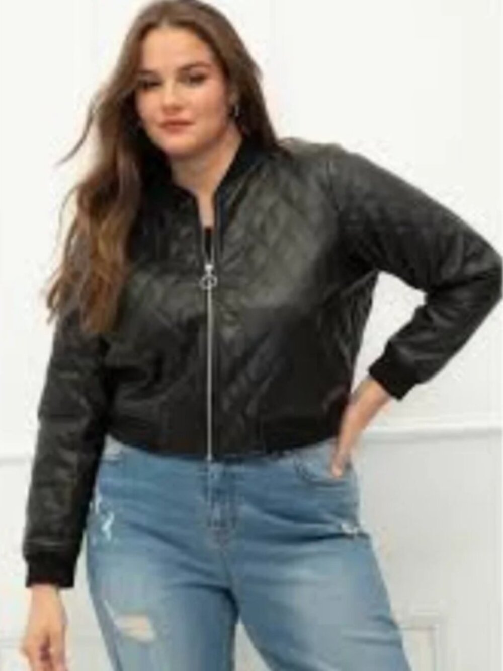 ELOQUII Elements Quilted Faux Leather Crop Bomber Jacket in Black 14 / 16